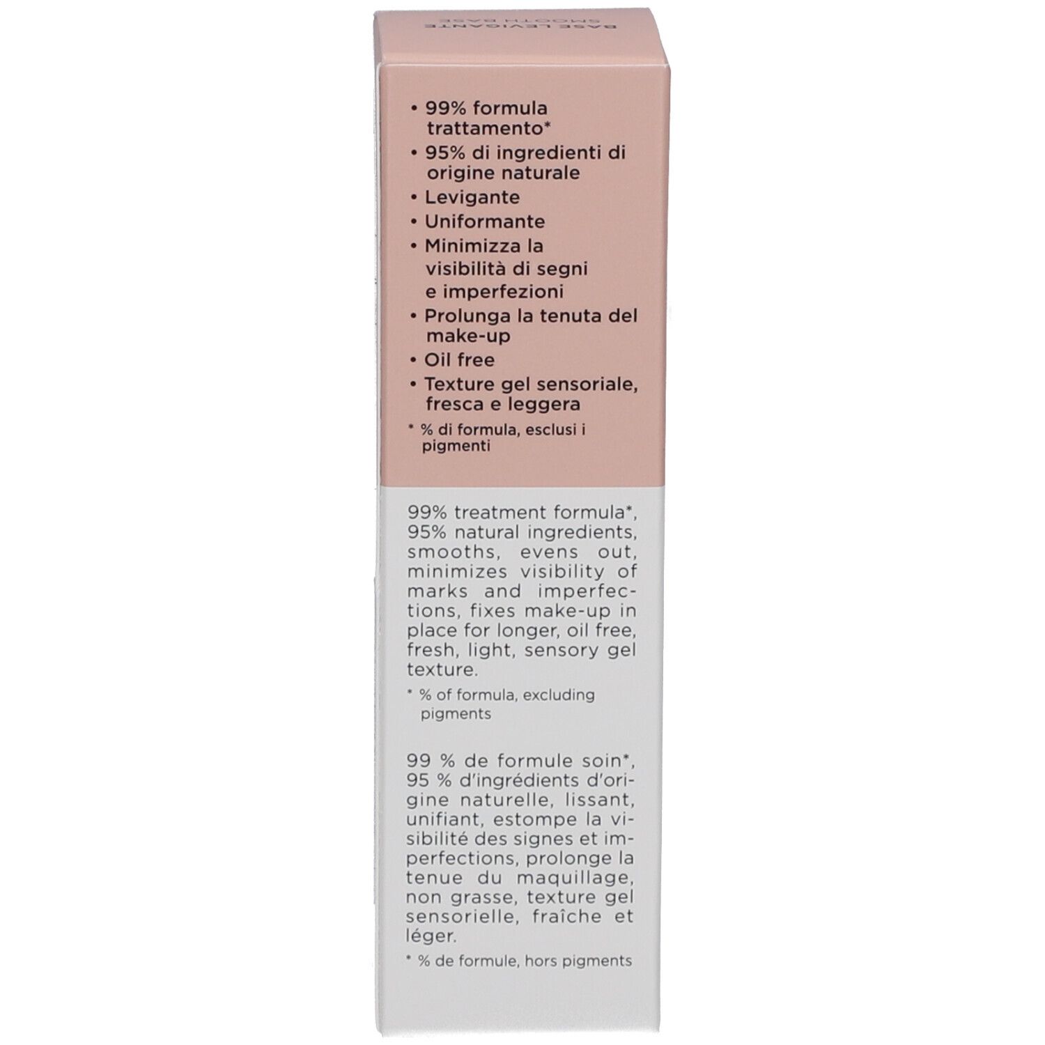 Schachtel, Rückseite. Text: 99% Formel, 95% natürliche Inhaltsstoffe, glättend, vereinheitlichend, minimiert Unvollkommenheiten.