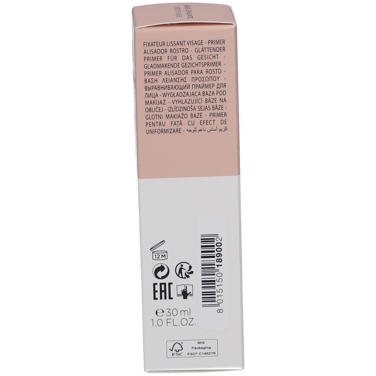 Schachtel, Rückseite. Text: Fixateur lissant visage, Primer, e 30 ml 1.0 FL.OZ., Symbole.
