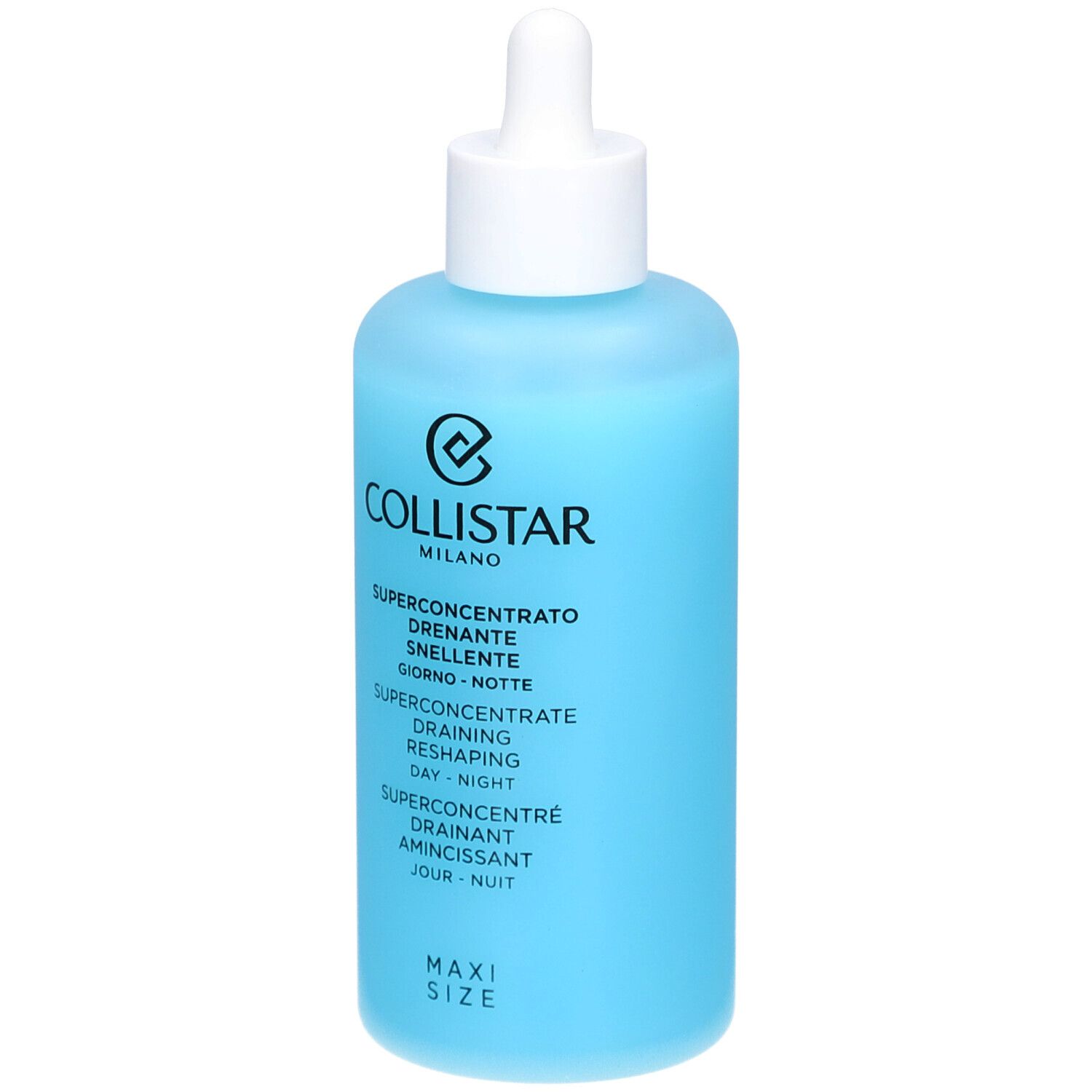 Blaues Fläschchen mit weißem Deckel und Pipette. Aufschrift: COLLISTAR, SUPERKONZENTRIERTER Entwässerungsreduzierer.