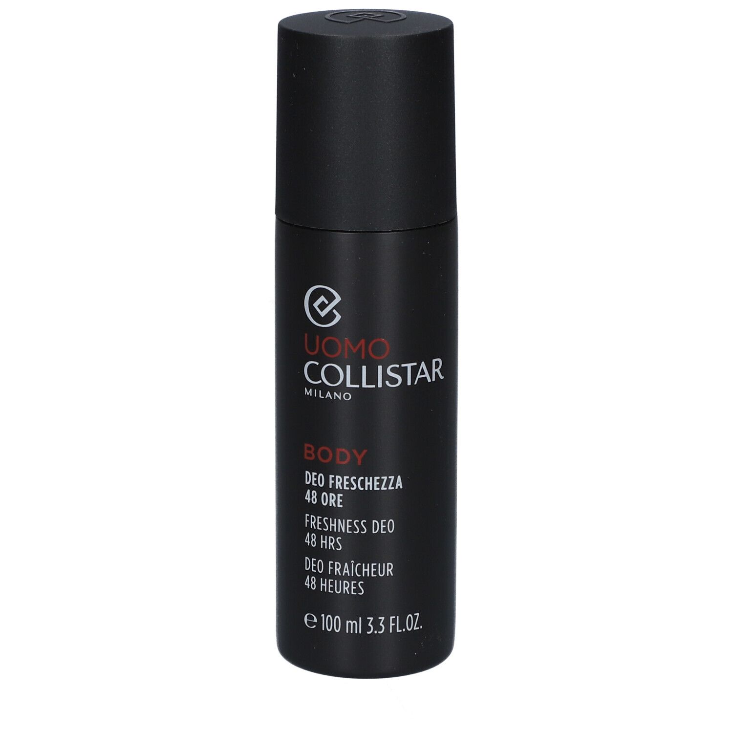 Zwarte deodorantfles met witte tekst. Merk: Uomo Collistar. Tekst: Body, Freshness Deo 48 Hrs, 100 ml.