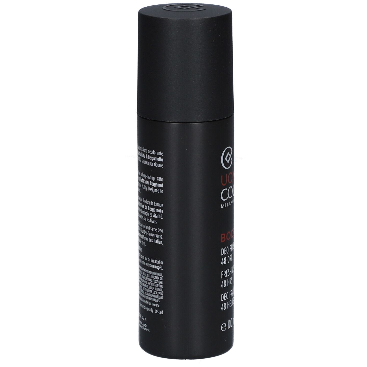 Zwarte deodorantfles met tekst. Merk: Uomo Collistar. Tekst: Body, Freshness Deo 48 Hrs, 100 ml. Achterkant met tekst.