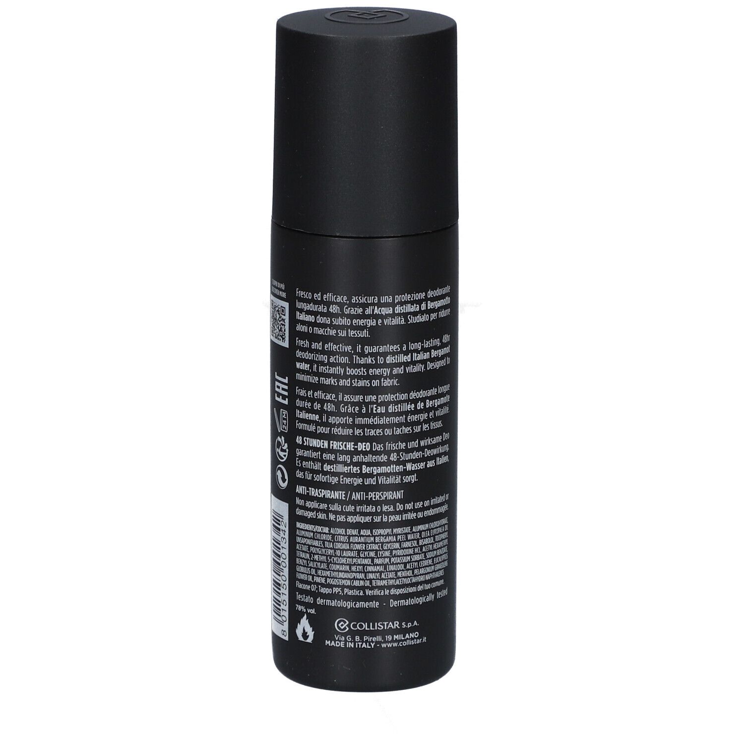 Zwarte deodorantfles met tekst. Merk: Uomo Collistar. Tekst: Body, Freshness Deo 48 Hrs, 100 ml. Achterkant met tekst.