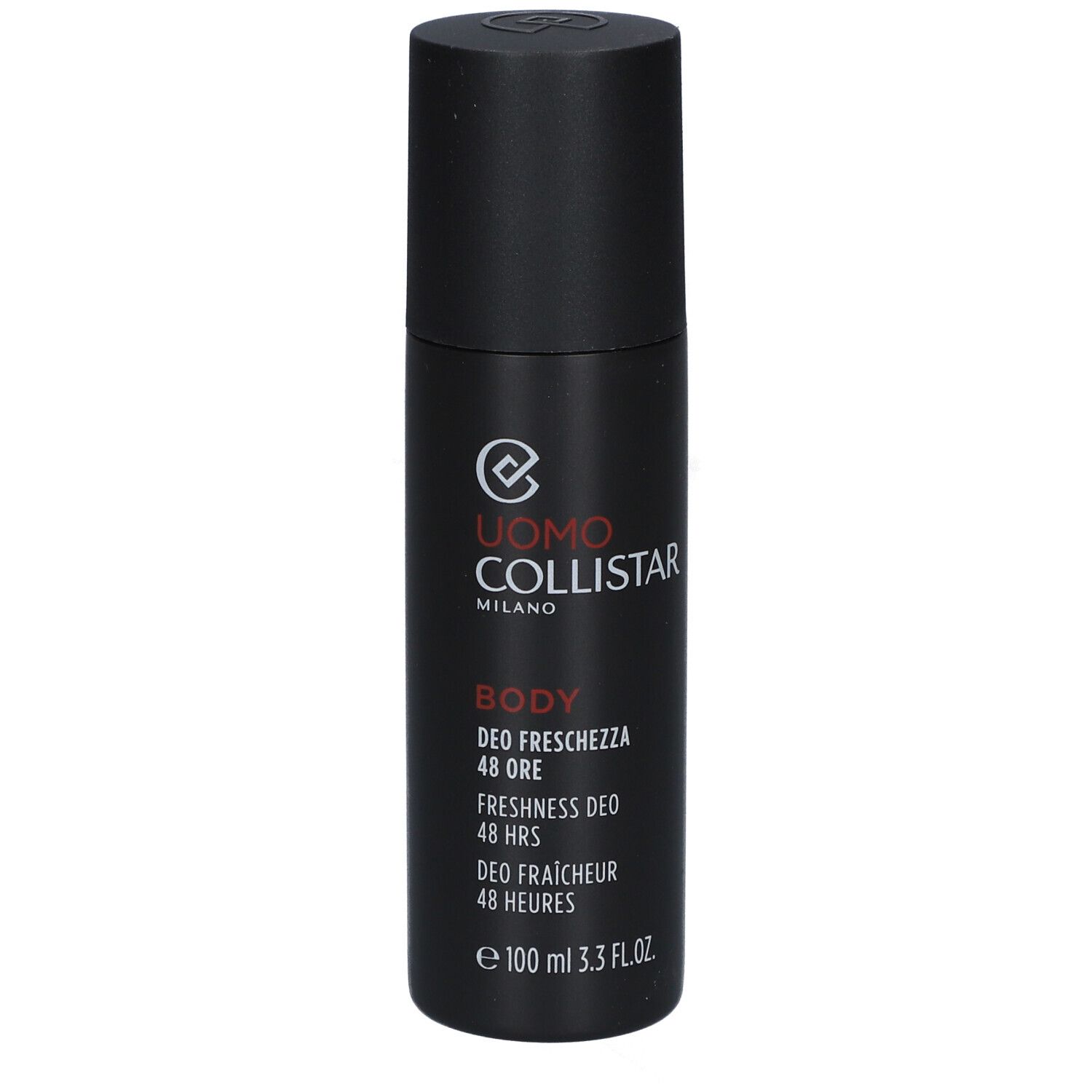 Zwarte deodorantfles met witte tekst. Merk: Uomo Collistar. Tekst: Body, Freshness Deo 48 Hrs, 100 ml.