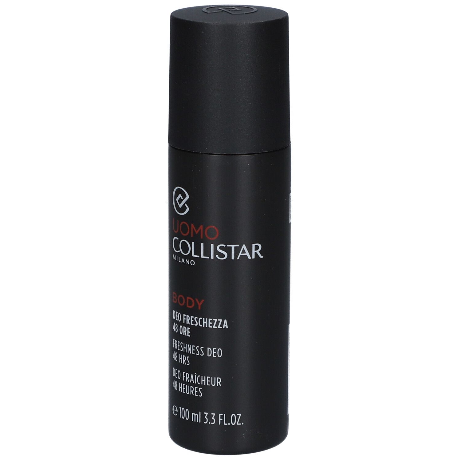 Zwarte deodorantfles met witte tekst. Merk: Uomo Collistar. Tekst: Body, Freshness Deo 48 Hrs, 100 ml.
