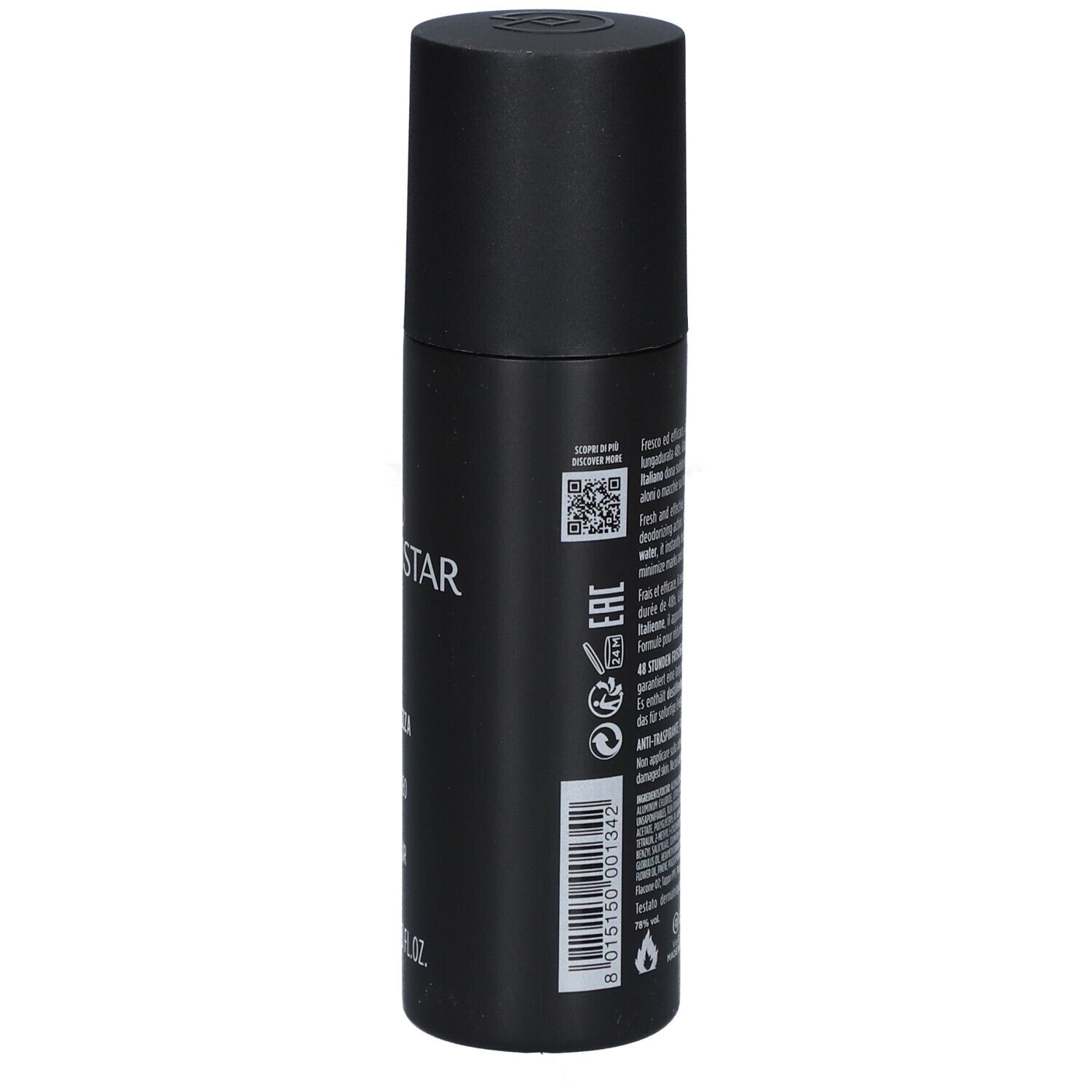 Zwarte deodorantfles met tekst. Merk: Uomo Collistar. Tekst: Body, Freshness Deo 48 Hrs, 100 ml. Achterkant met tekst.