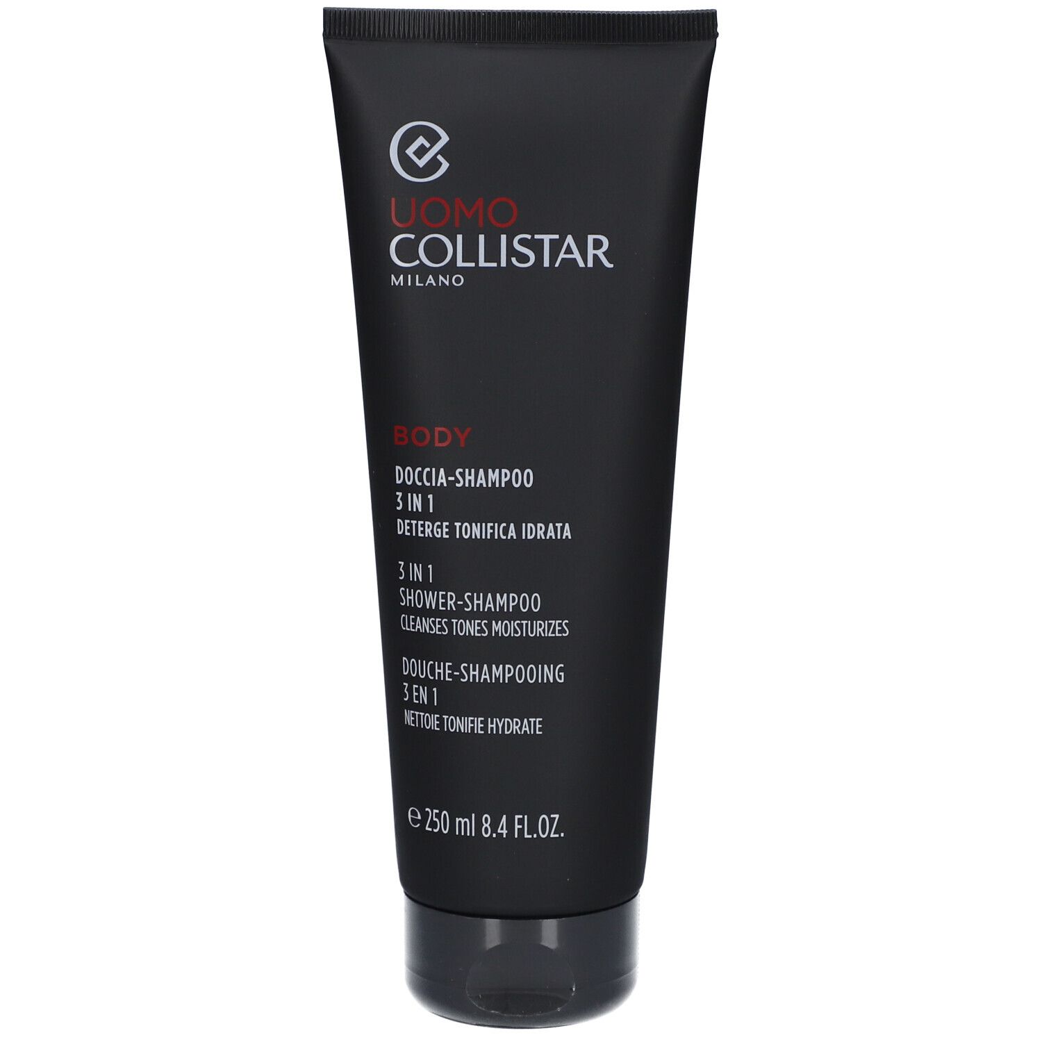 Schwarze Tube mit roter und weißer Schrift. Uomo Collistar Milano, 3-in-1 Dusch-Shampoo. E 250 ml.
