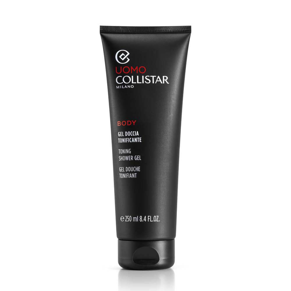 Tube noir avec texte blanc et rouge. Contient "UOMO COLLISTAR MILANO" et "BODY Gel Doccia Tonificante".