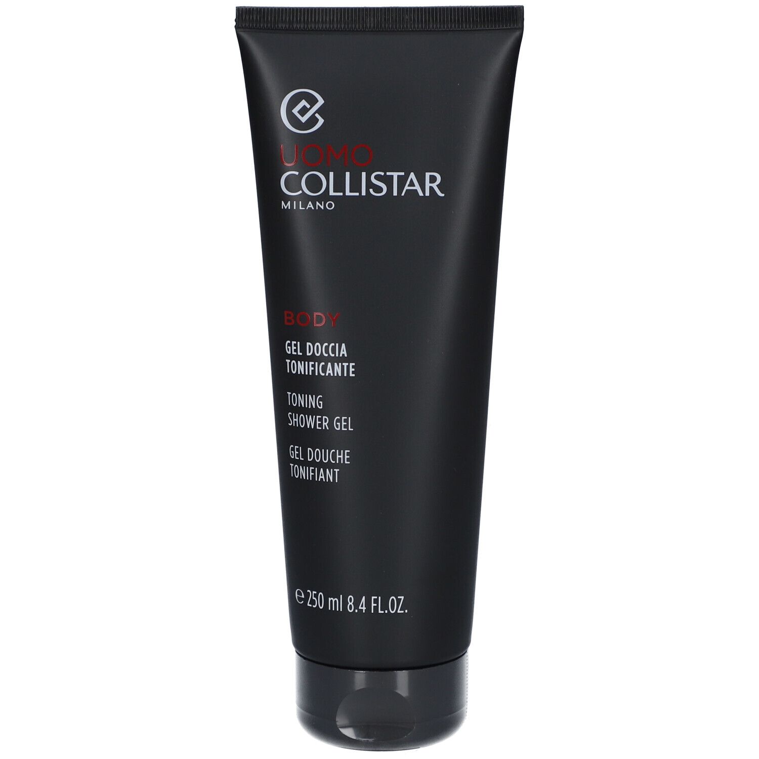 Tube noire avec texte blanc et rouge. Contient "COLLISTAR MILANO" et "BODY Gel Doccia Tonificante".