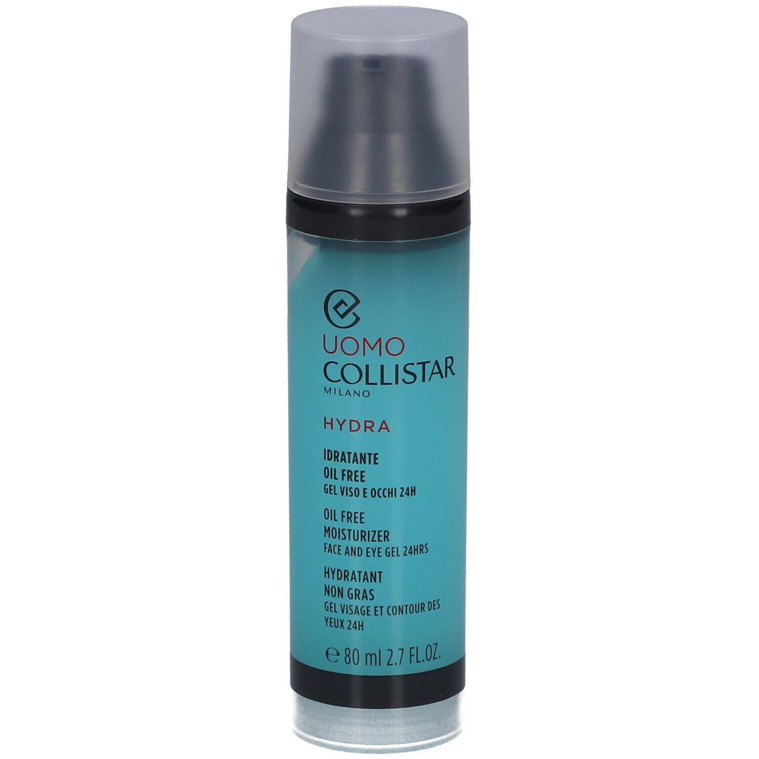 Türkisgrüne Flasche mit schwarzem Deckel. Aufschrift: Uomo Collistar Hydra, Ölfreie Feuchtigkeitscreme, 80 ml.