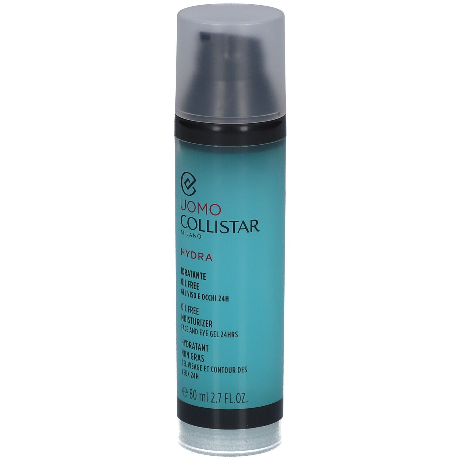 Türkisgrüne Flasche mit schwarzem Deckel. Aufschrift: Uomo Collistar Hydra, Ölfreie Feuchtigkeitscreme, 80 ml.