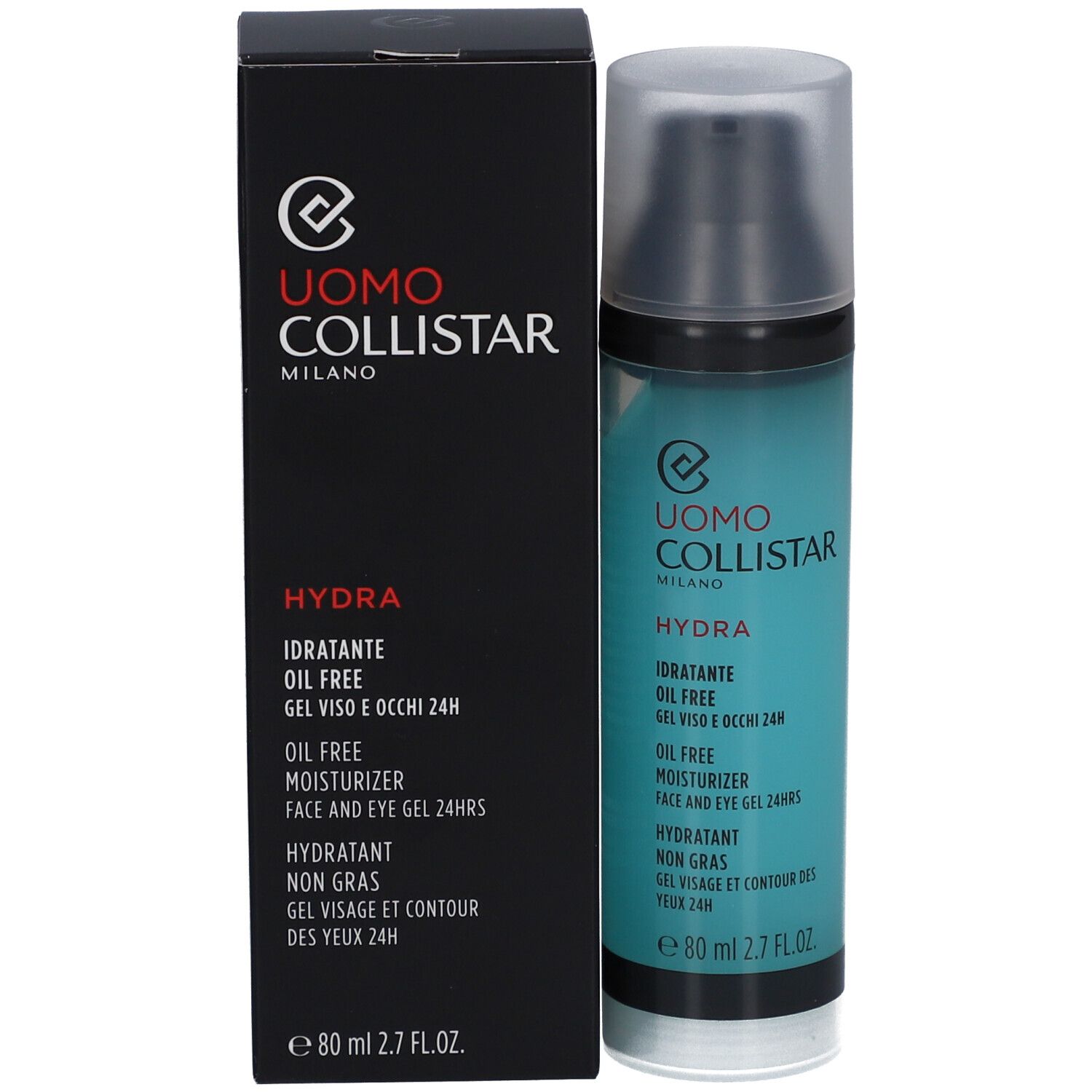 Produktflasche und schwarze Verpackung. Aufschrift: Uomo Collistar Hydra, Ölfreie Feuchtigkeitscreme, 80 ml.