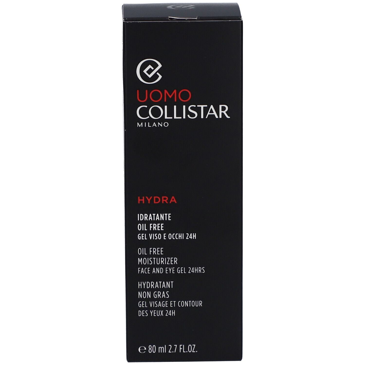Schwarze Verpackung. Aufschrift: Uomo Collistar Hydra, Ölfreie Feuchtigkeitscreme, 80 ml.