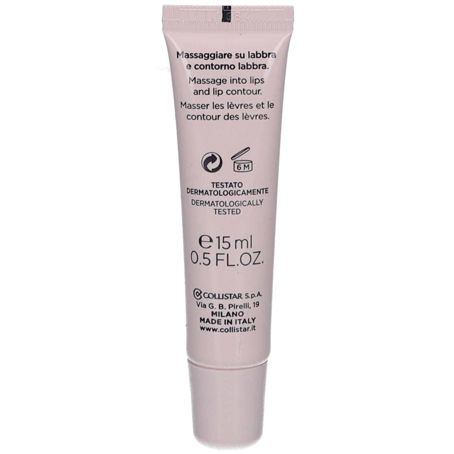 Rückseite der Tube. Enthält Informationen zur Anwendung und dermatologischem Test.