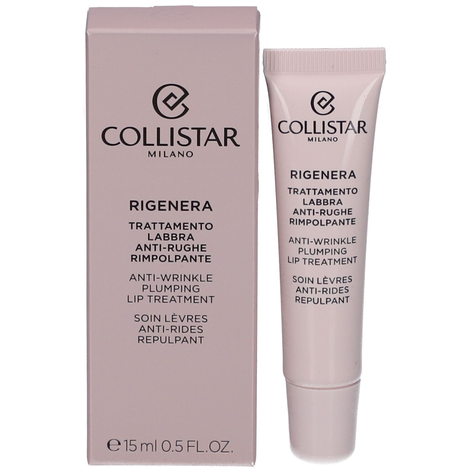 Rosa Schachtel und Tube. Enthält Anti-Falten-Lippenbehandlung. Marke Collistar Milano.