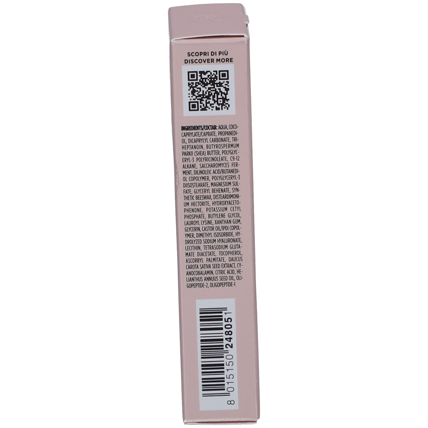 Seite der Schachtel. Enthält Informationen zu den Inhaltsstoffen und einen QR-Code.