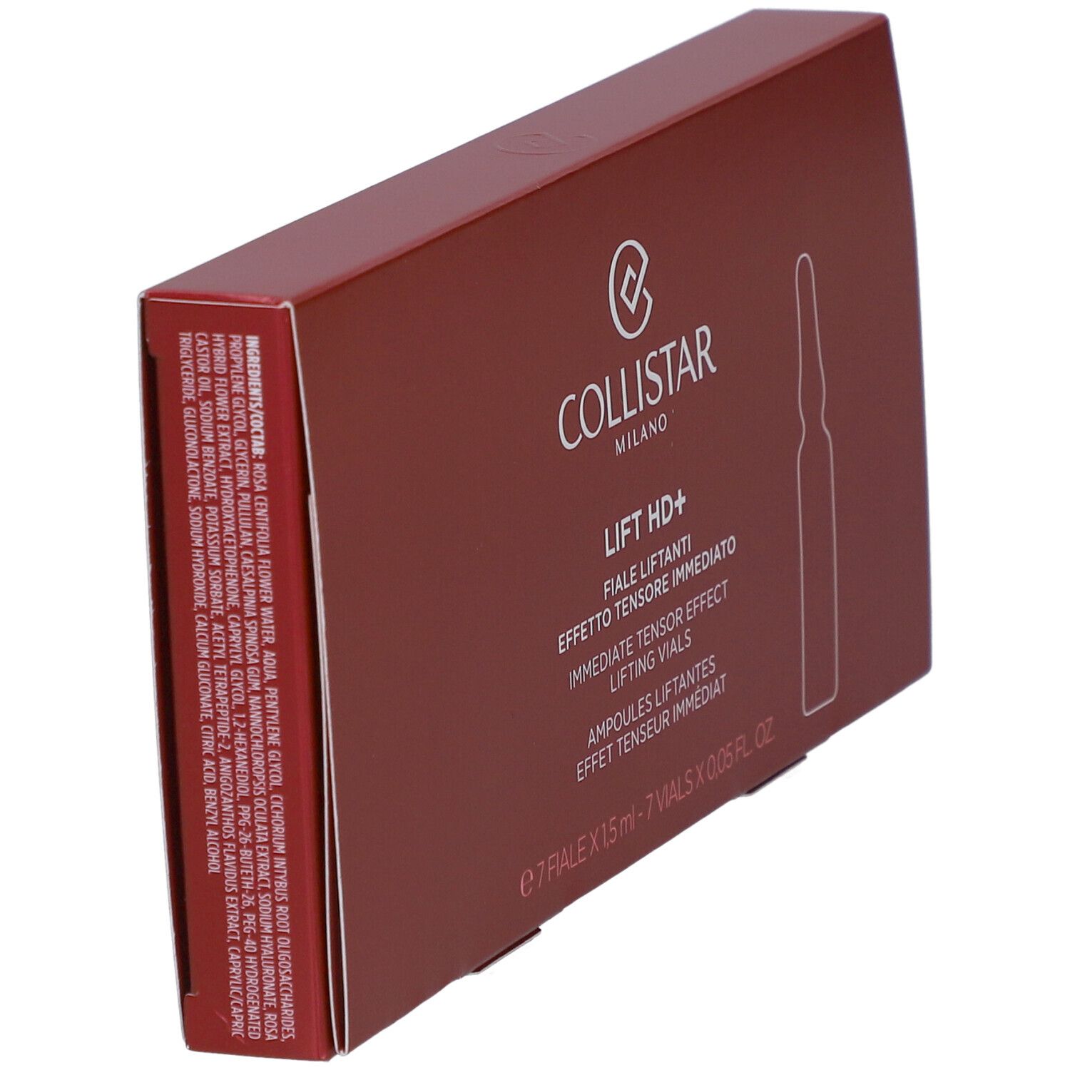 Rote Schachtel, schräg. Marke: Collistar Milano. Text: Lift HD+. Enthält Ampullen. Inhaltsstoffe auf der Seite.