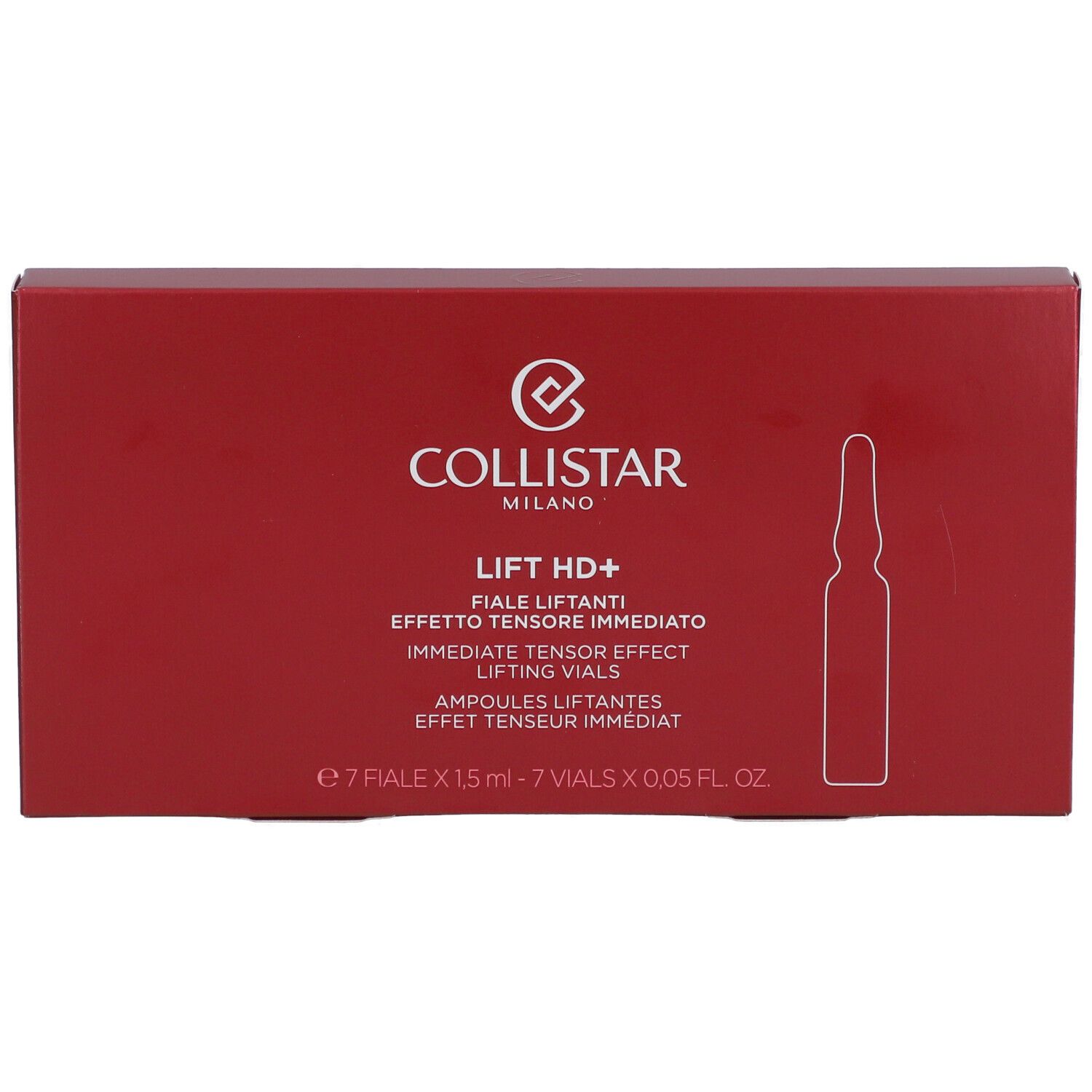 Rote Schachtel mit Produktaufdruck. Enthält Ampullen. Marke: Collistar Milano. Text: Lift HD+.