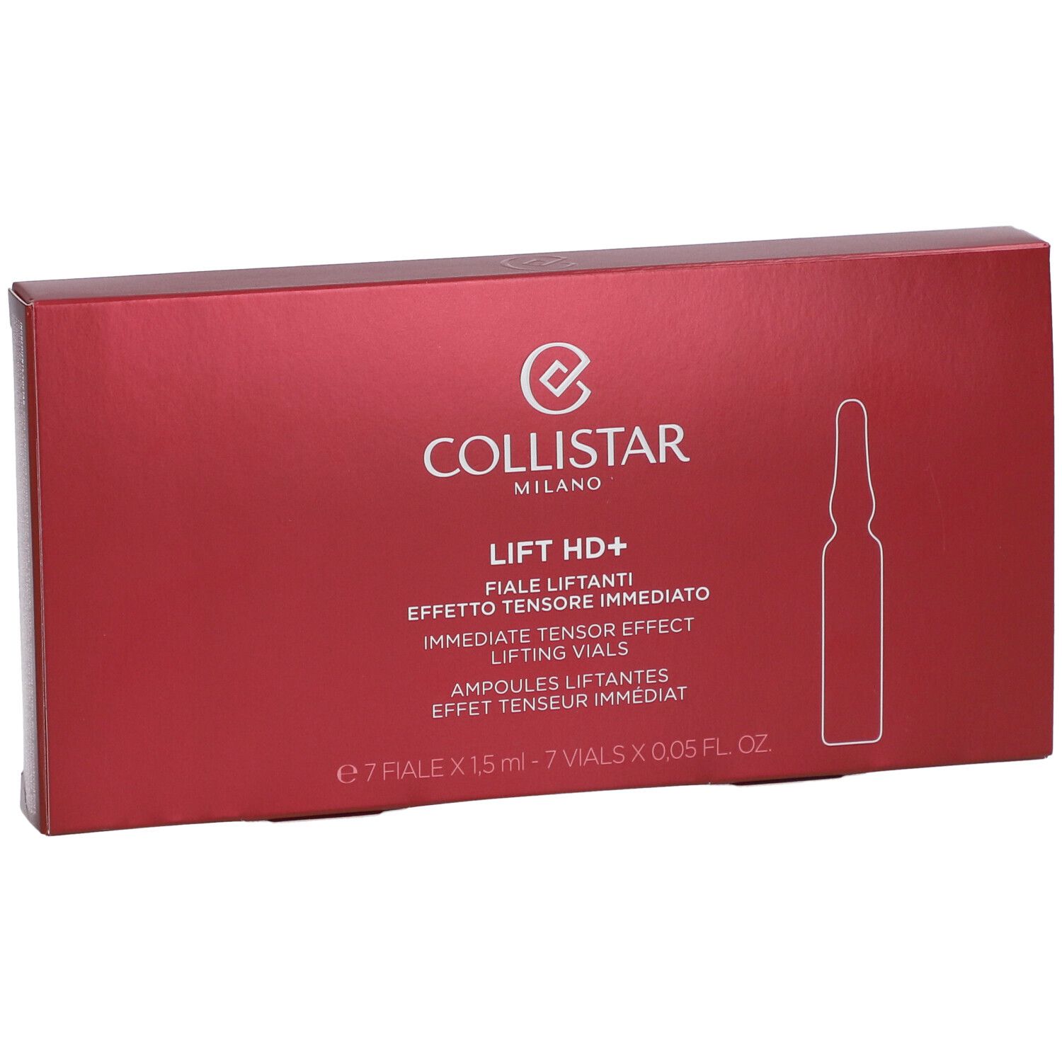 Rote Schachtel mit Produktaufdruck. Enthält Ampullen. Marke: Collistar Milano. Text: Lift HD+.