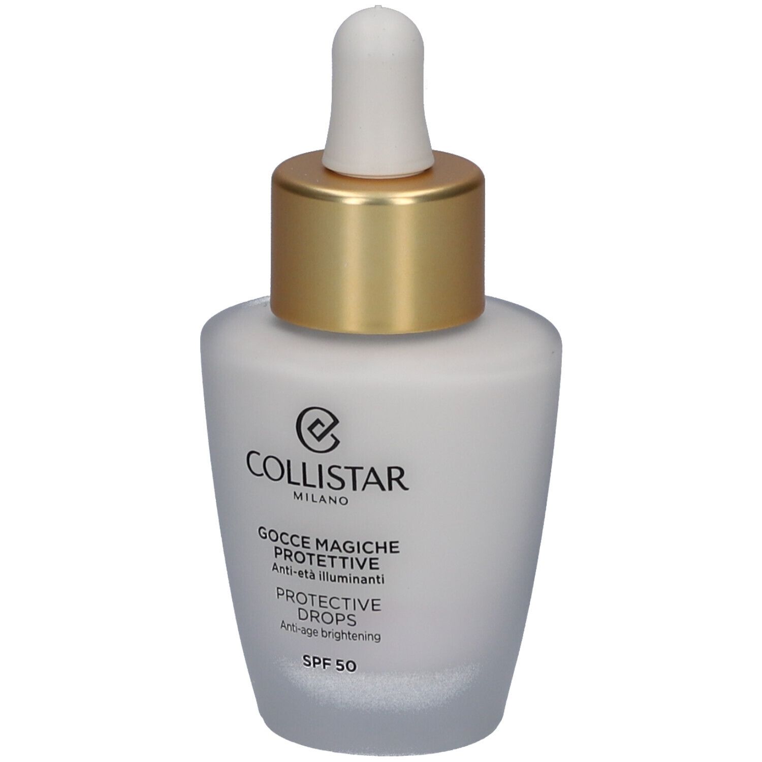 Flakon mit Tropfer. Weißes, mattiertes Glas. Goldfarbener Deckel. Schriftzug: Collistar, Protective Drops, SPF 50.