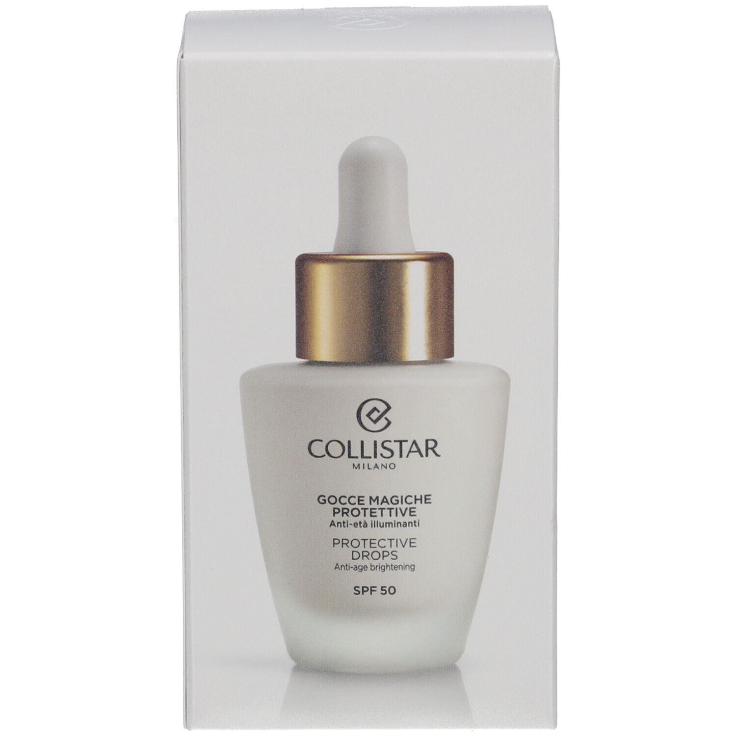 Produkt in Verpackung. Flakon mit Tropfer in weißem Karton. Schriftzug: Collistar, Protective Drops, SPF 50.