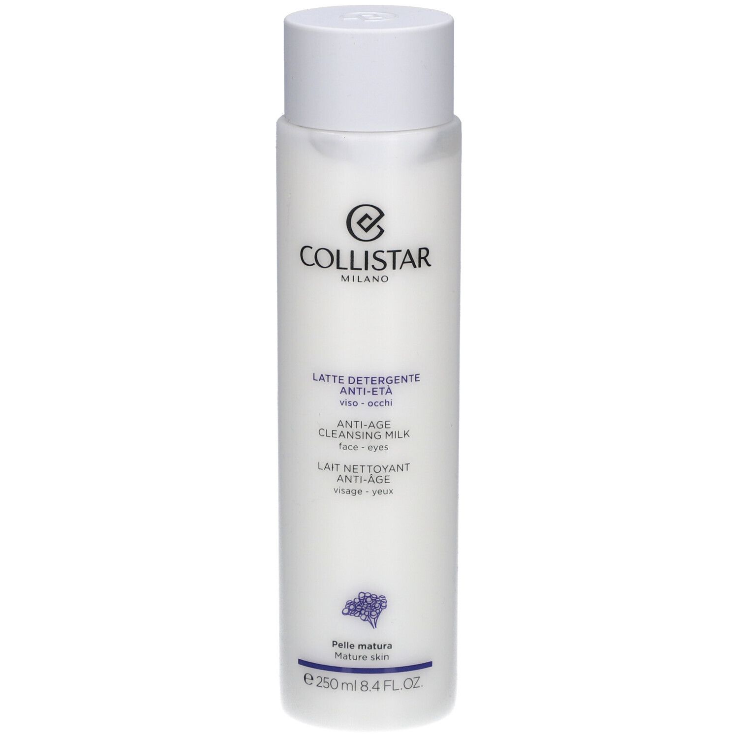 Weisse Flasche mit weissem Deckel. Aufschrift: Collistar Milano, Anti-Age Cleansing Milk. 250 ml.