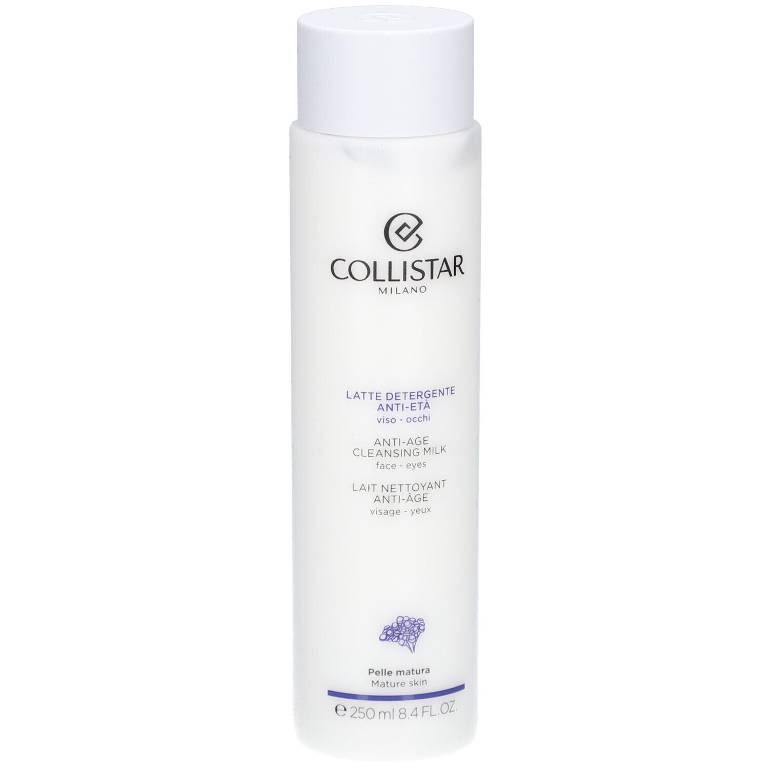 Weisse Flasche mit weissem Deckel. Aufschrift: Collistar Milano, Anti-Age Cleansing Milk. 250 ml.