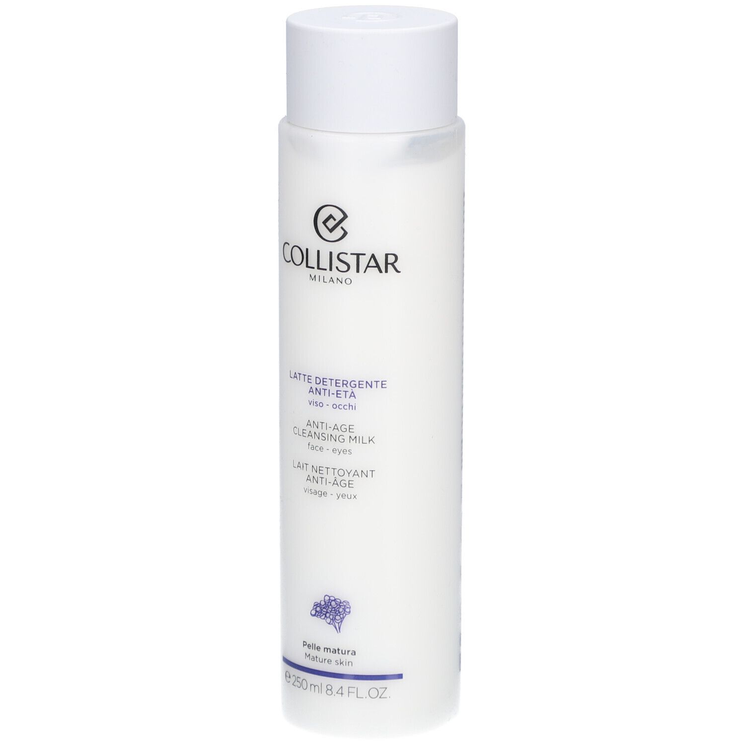 Weisse Flasche mit weissem Deckel. Aufschrift: Collistar Milano, Anti-Age Cleansing Milk. 250 ml.
