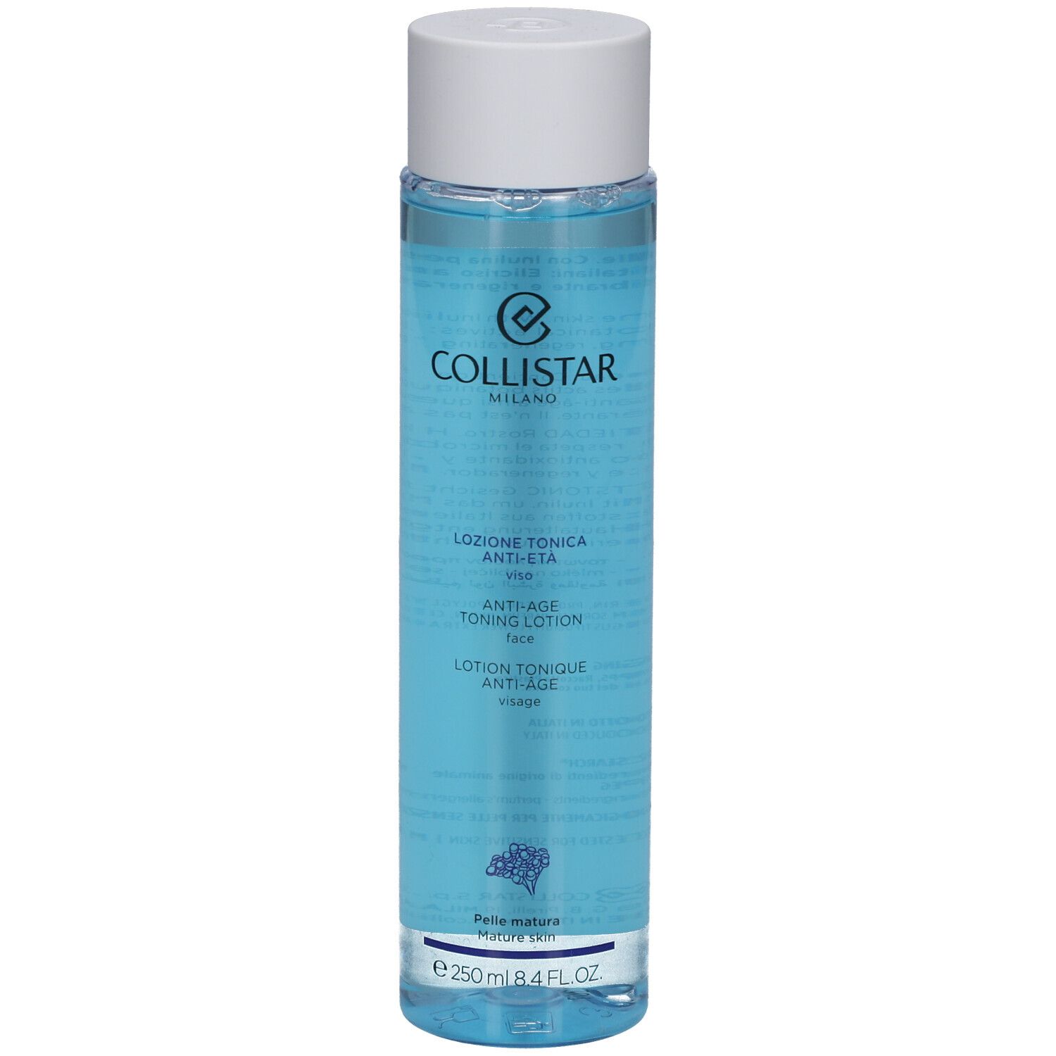 Collistar Lotion Tonique Anti-Âge. Blaue Flasche mit weißem Deckel. Text auf Italienisch und Französisch.