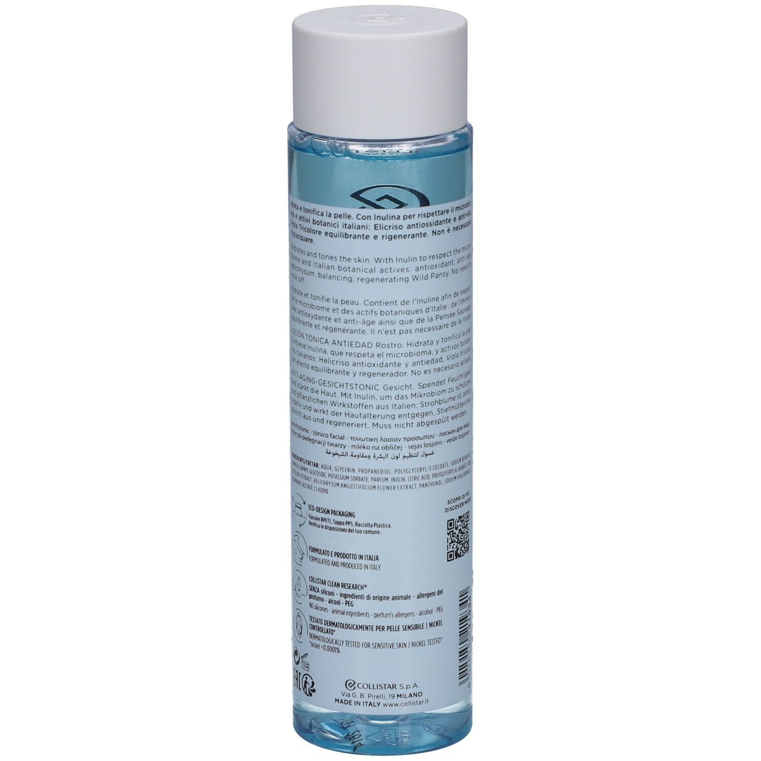 Rückseite der Collistar Lotion Tonique Anti-Âge Flasche. Text in verschiedenen Sprachen, QR-Code.