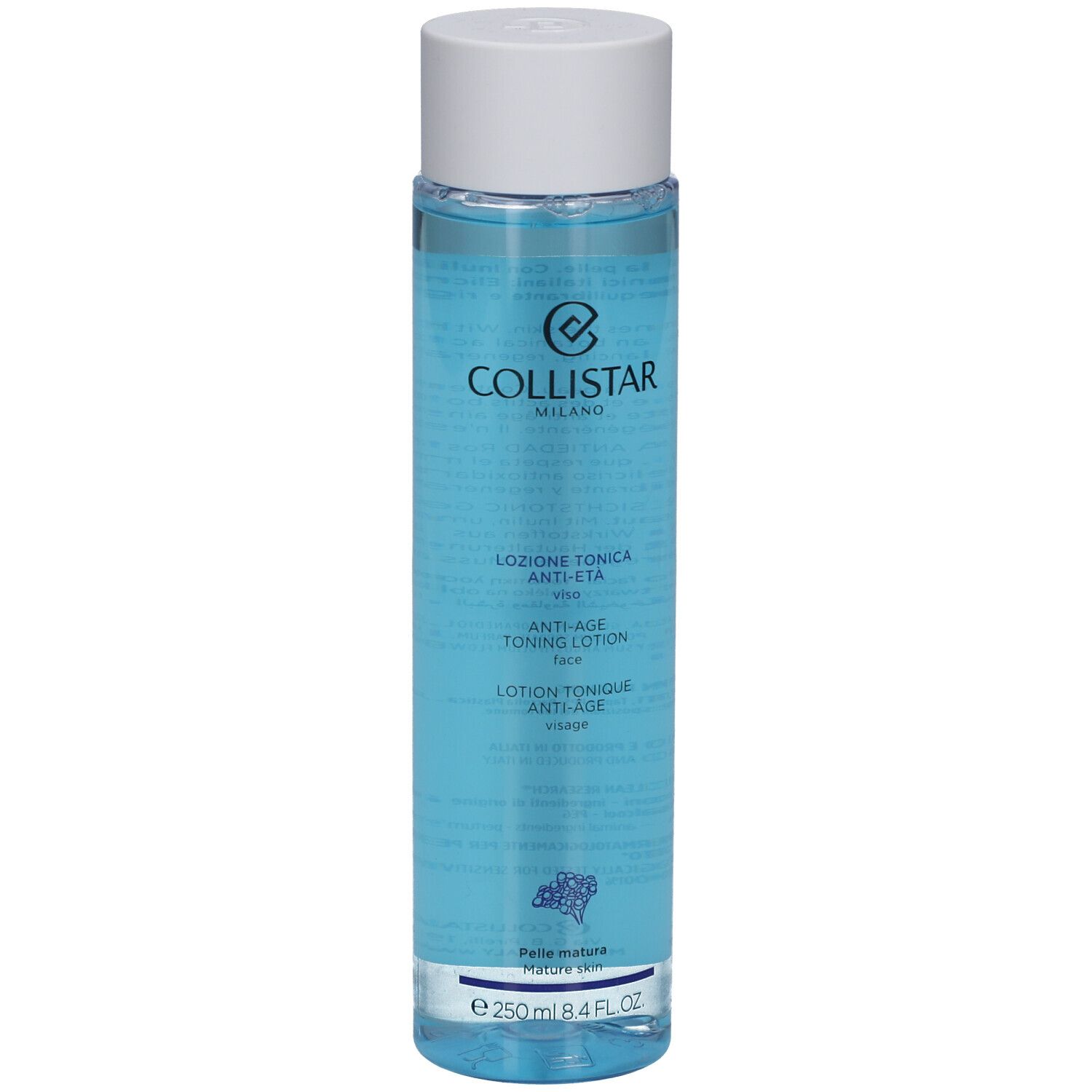 Collistar Lotion Tonique Anti-Âge. Blaue Flasche mit weißem Deckel. Text auf Italienisch und Französisch.