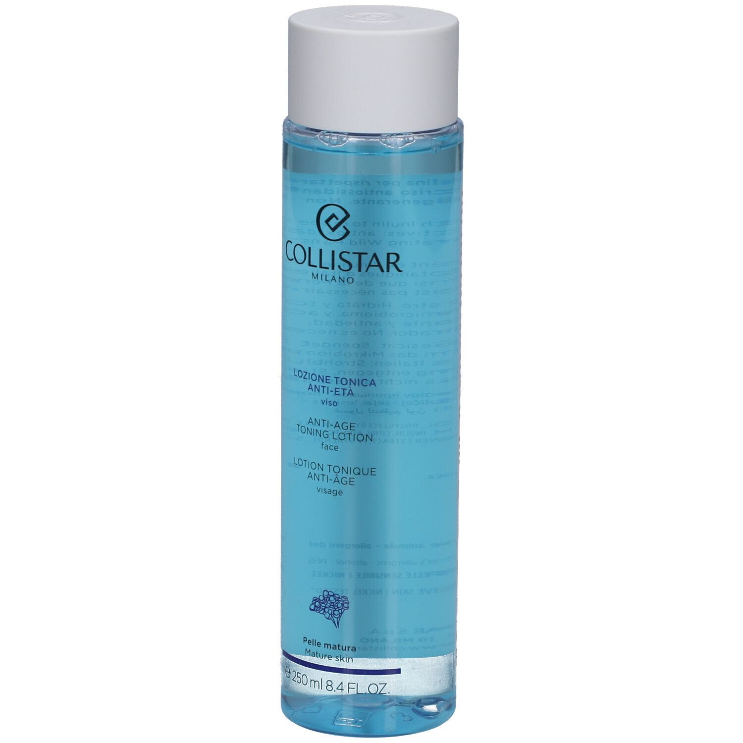 Collistar Lotion Tonique Anti-Âge. Blaue Flasche mit weißem Deckel. Text auf Italienisch und Französisch.