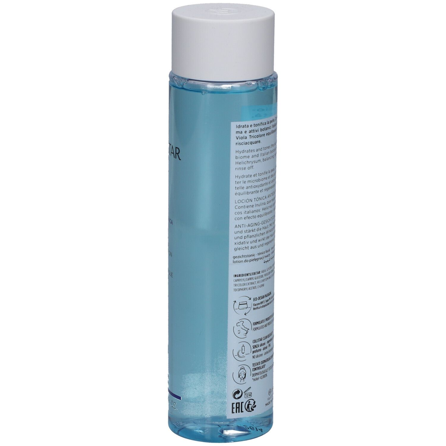 Rückseite der Collistar Lotion Tonique Anti-Âge Flasche. Text in verschiedenen Sprachen, QR-Code.