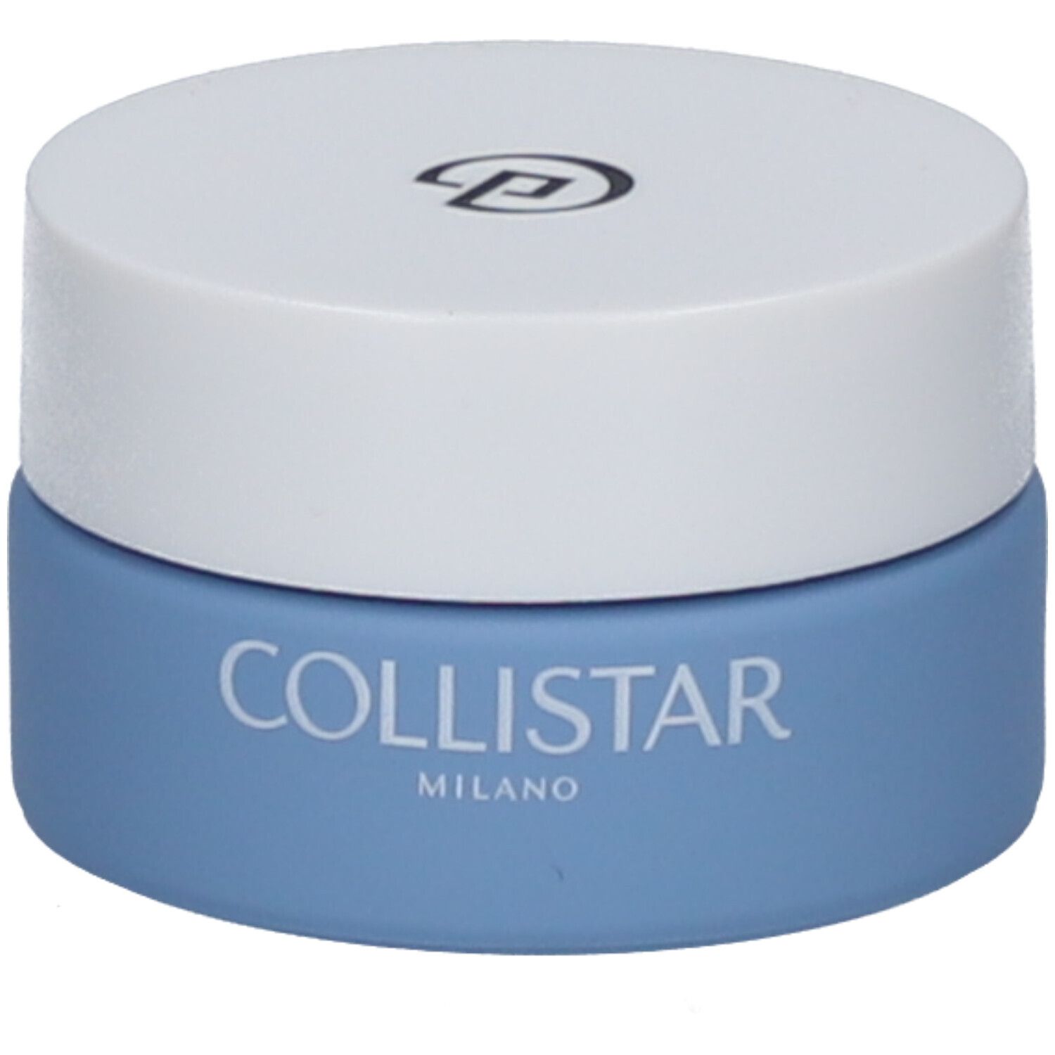 Blaues Tiegel mit weißem Deckel. Auf dem Tiegel steht COLLISTAR MILANO. Oben auf dem Deckel ist ein Logo.