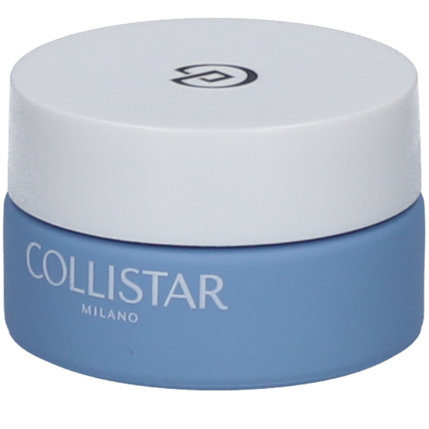 Blaues Tiegel mit weißem Deckel. Auf dem Tiegel steht COLLISTAR MILANO. Oben auf dem Deckel ist ein Logo.