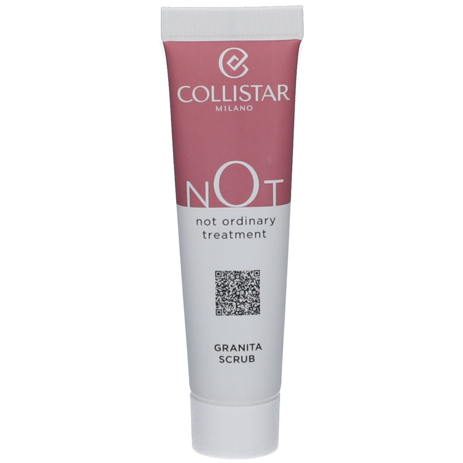 Rosa Tube mit weißem Deckel. Aufschrift: Collistar, NOT, Granita Scrub. QR-Code.