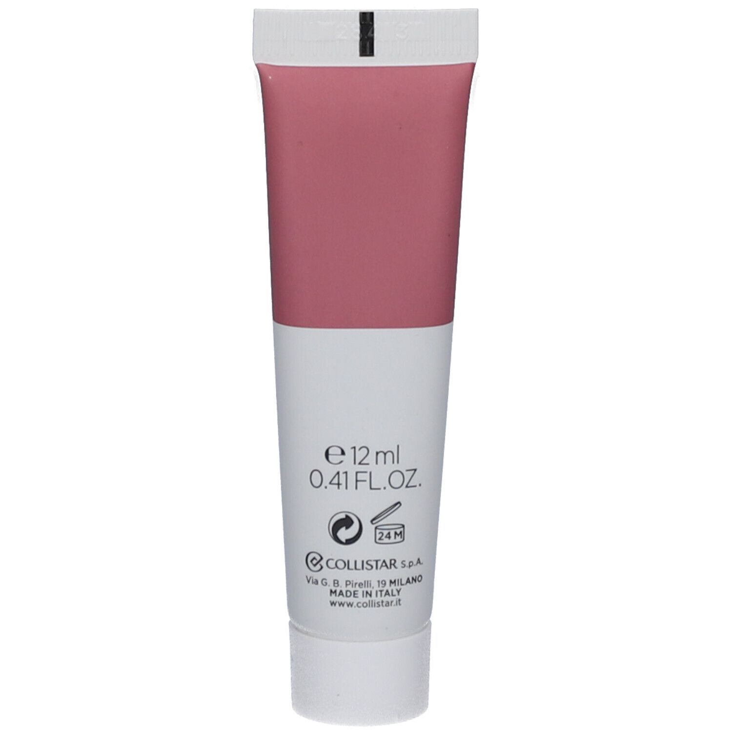 Rückseite der Tube. Rosa und weiß. Aufschrift: e 12 ml, 0.41 FL.OZ. Logo, Adresse.