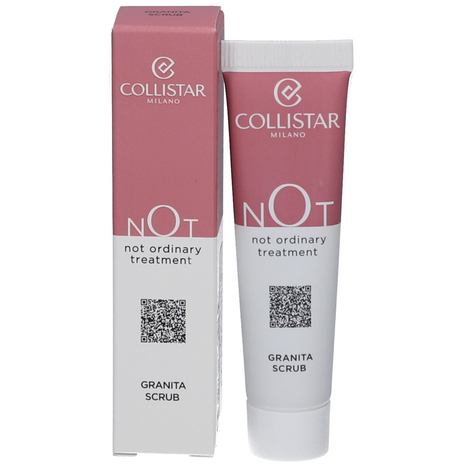 Produkt und Verpackung. Rosa und weiß. Aufschrift: Collistar, NOT, Granita Scrub. QR-Code.