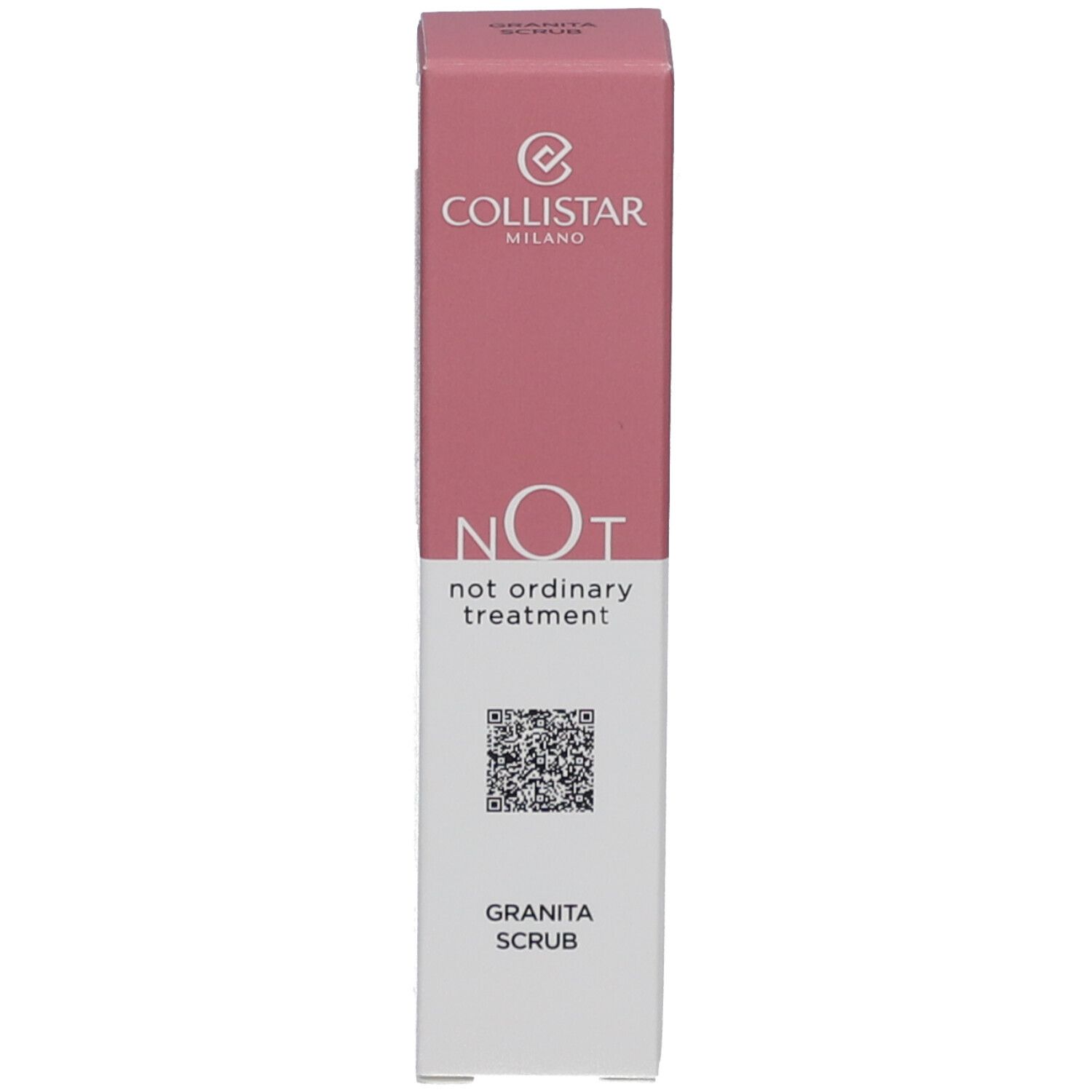 Verpackung. Rosa und weiß. Aufschrift: Collistar, NOT, Granita Scrub. QR-Code.