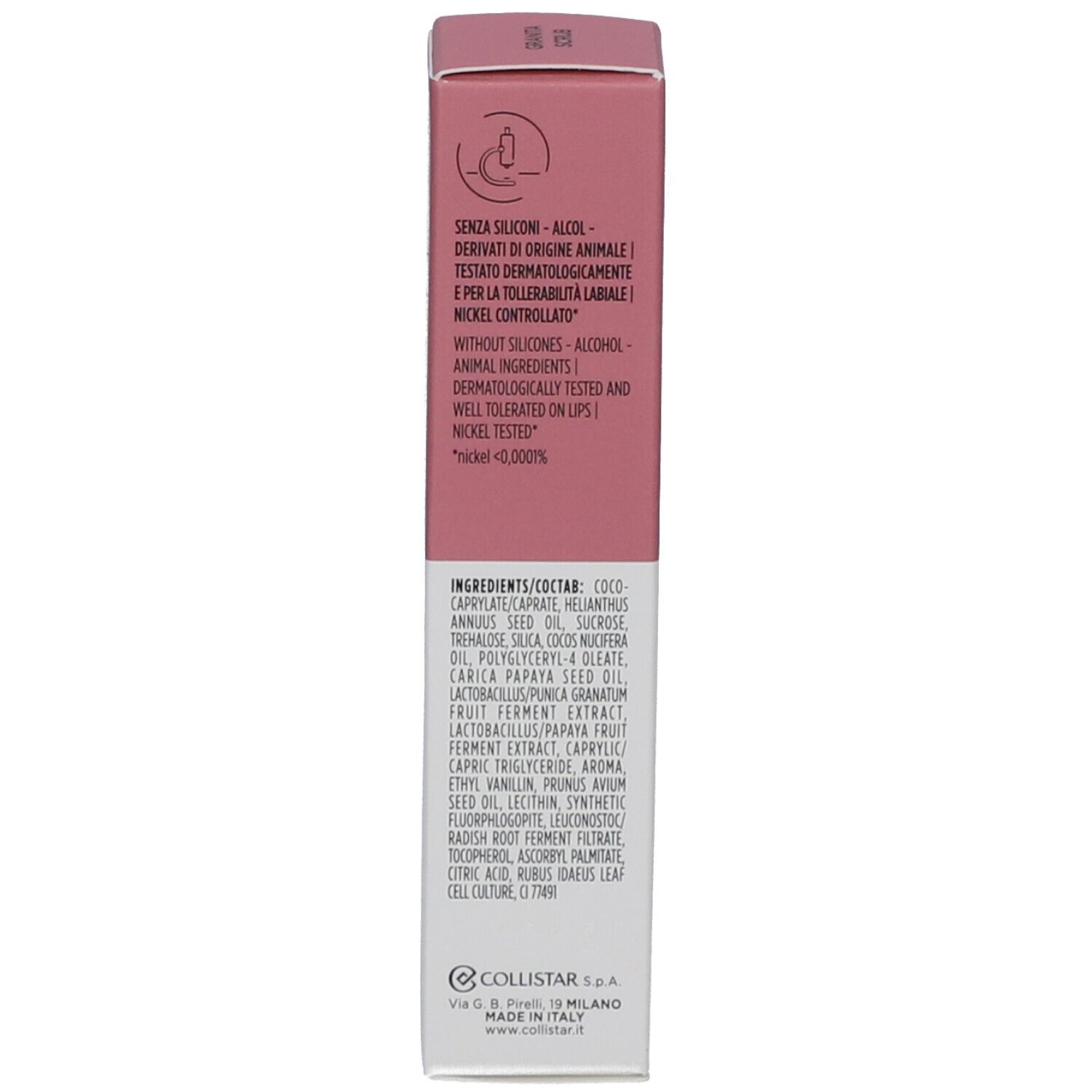 Rückseite der Verpackung. Rosa und weiß. Inhaltsstoffe, Text, Logos.