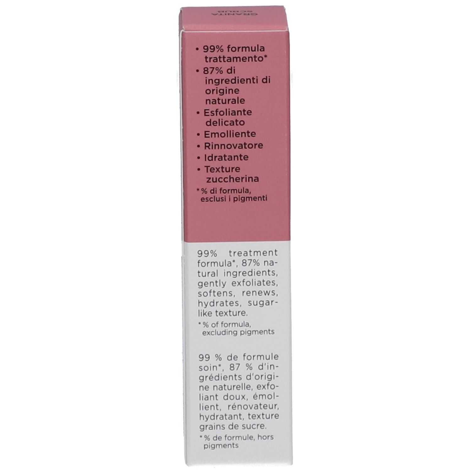 Rückseite der Verpackung. Rosa und weiß. Text, Logos.