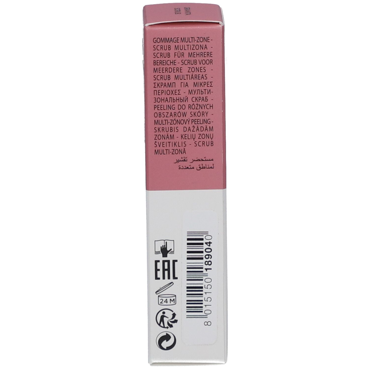 Rückseite der Verpackung. Rosa und weiß. Text, Logos, Barcode.