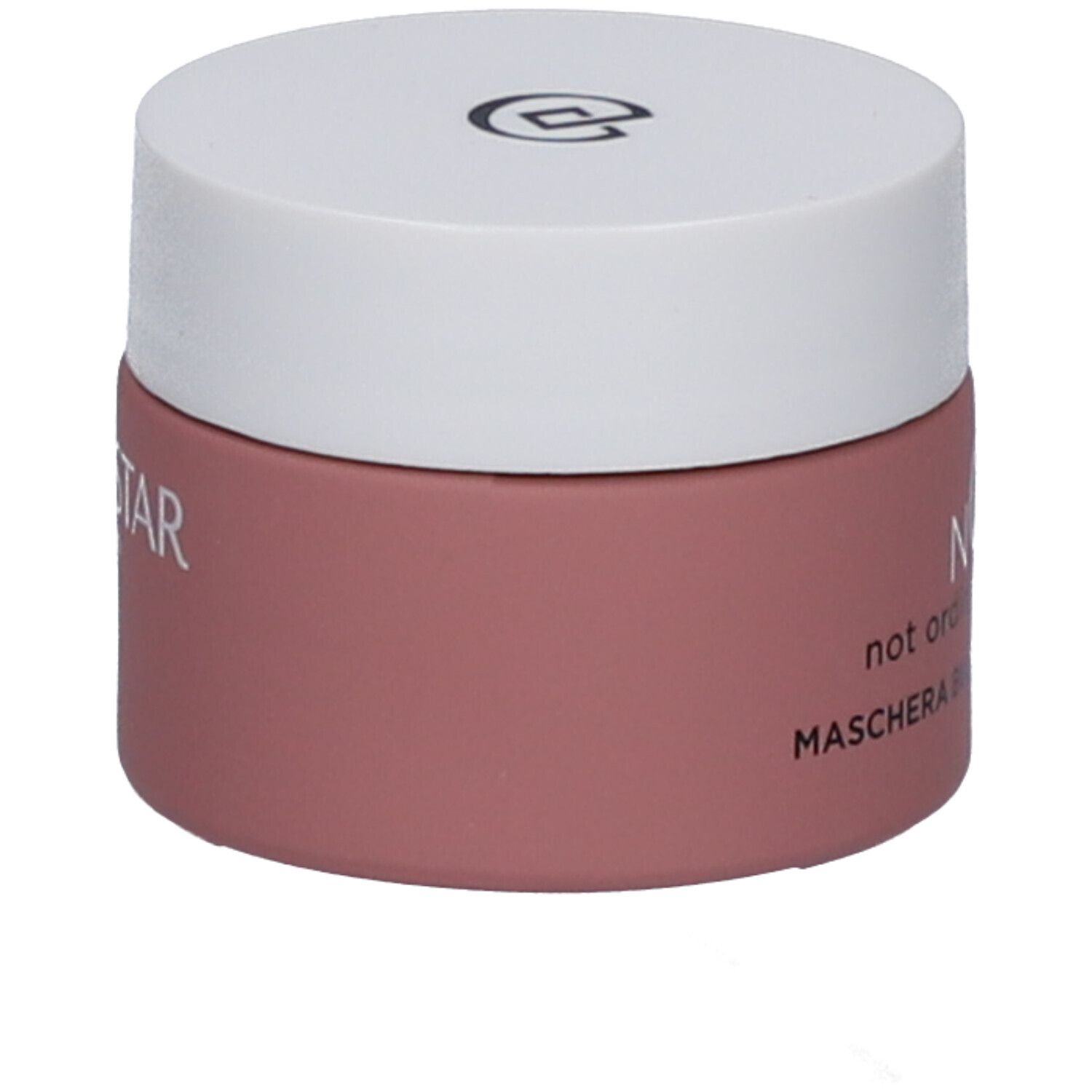 Rosa Tiegel mit weißem Deckel. Aufschrift: NOT, not ordinary treatment, MASCHERA BURRO - BUTTER MASK.