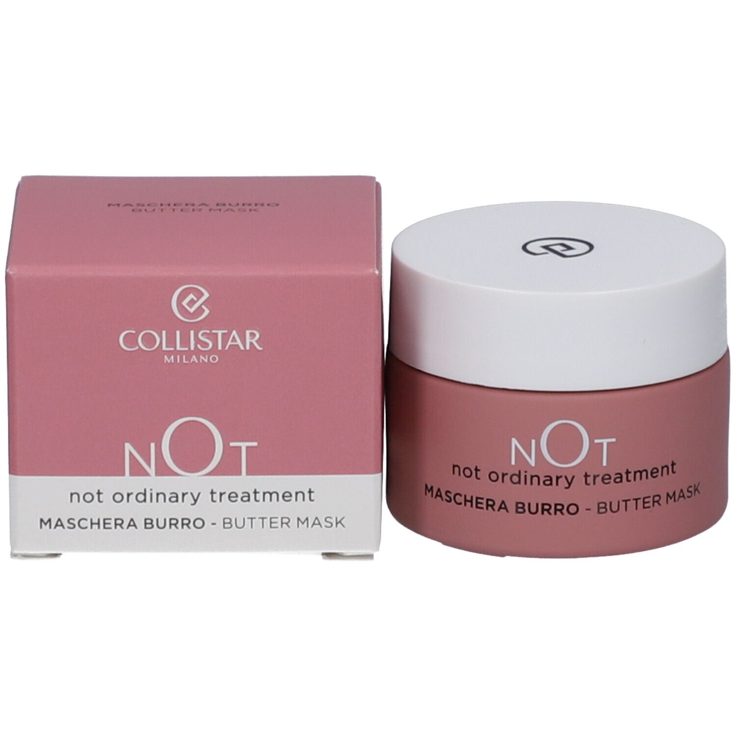 Produktverpackung und Tiegel. Aufschrift: COLLISTAR, NOT, MASCHERA BURRO - BUTTER MASK.