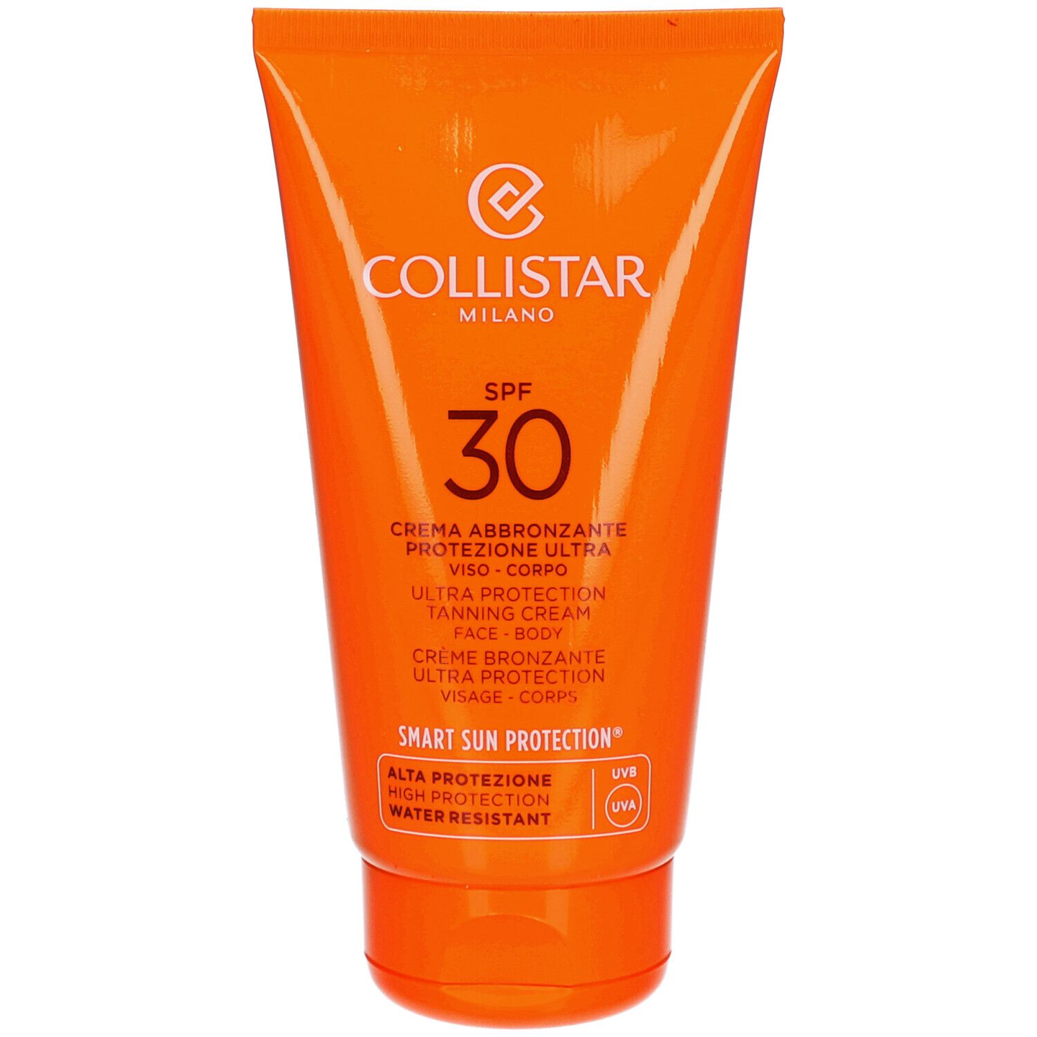 Orange Tube mit weißem Aufdruck. Enthält SPF 30. Marke: Collistar Milano. Text: Ultra Protection Tanning Cream.