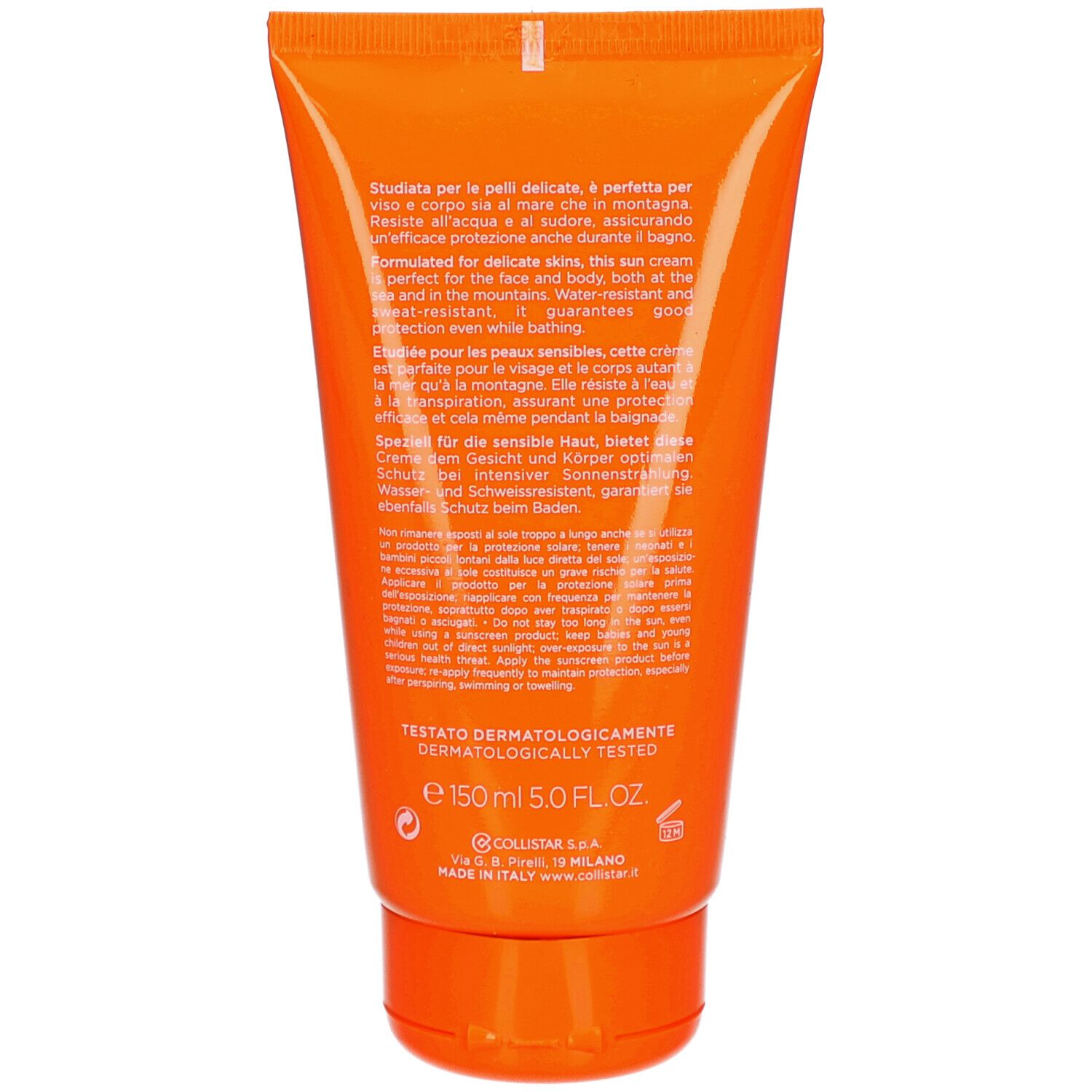 Rückseite einer orangefarbenen Tube. Text in mehreren Sprachen. Dermatologisch getestet. Volumen: 150 ml.