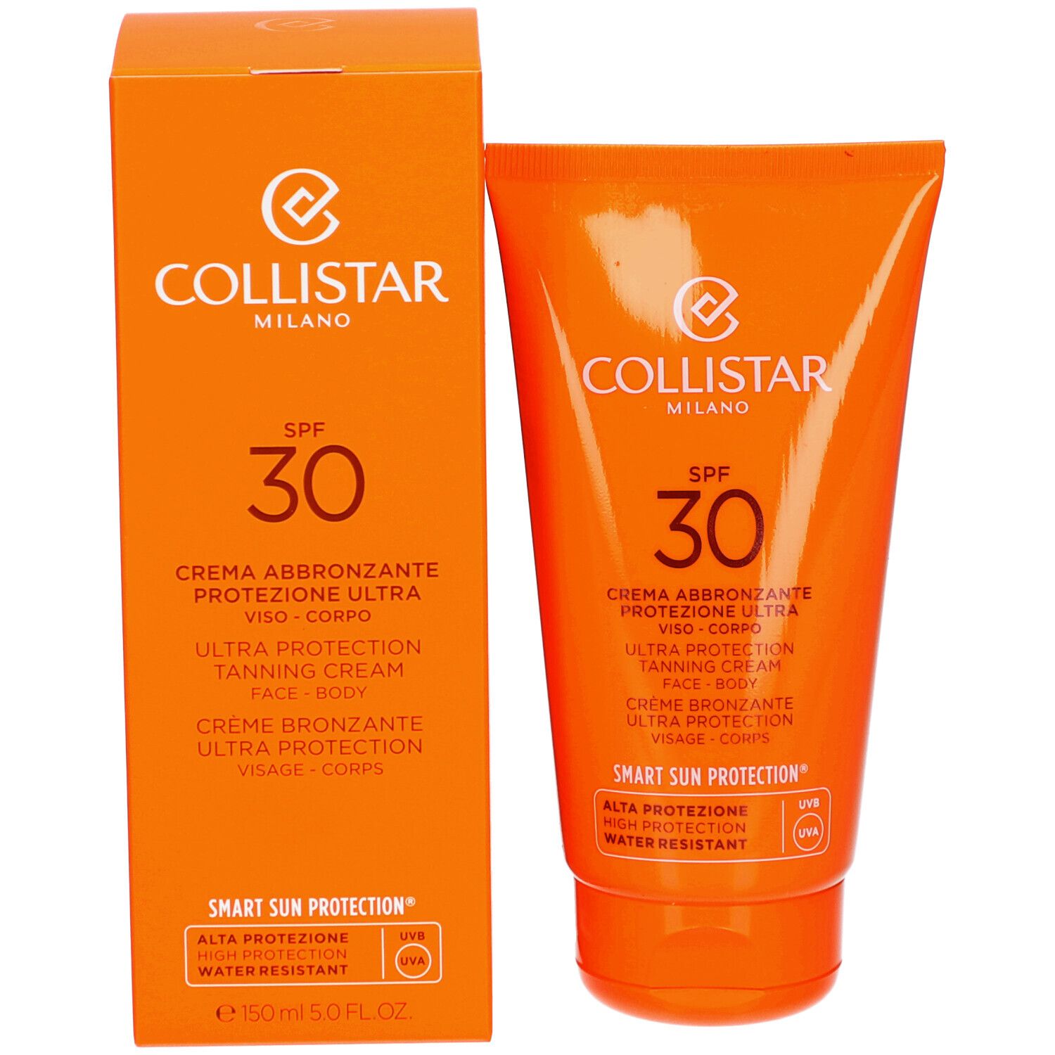 Orangefarbene Verpackung und Tube. Marke: Collistar Milano. Enthält SPF 30. Text: Ultra Protection Tanning Cream.