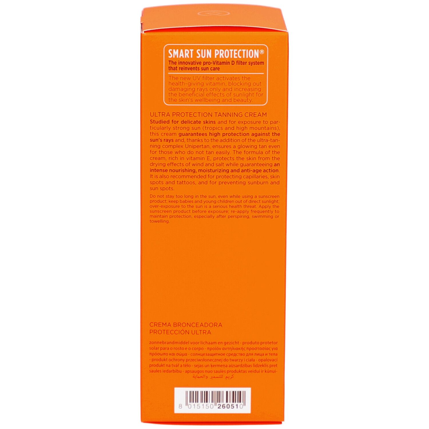 Seite der Verpackung. Text in mehreren Sprachen. Enthält Informationen zum Produkt.