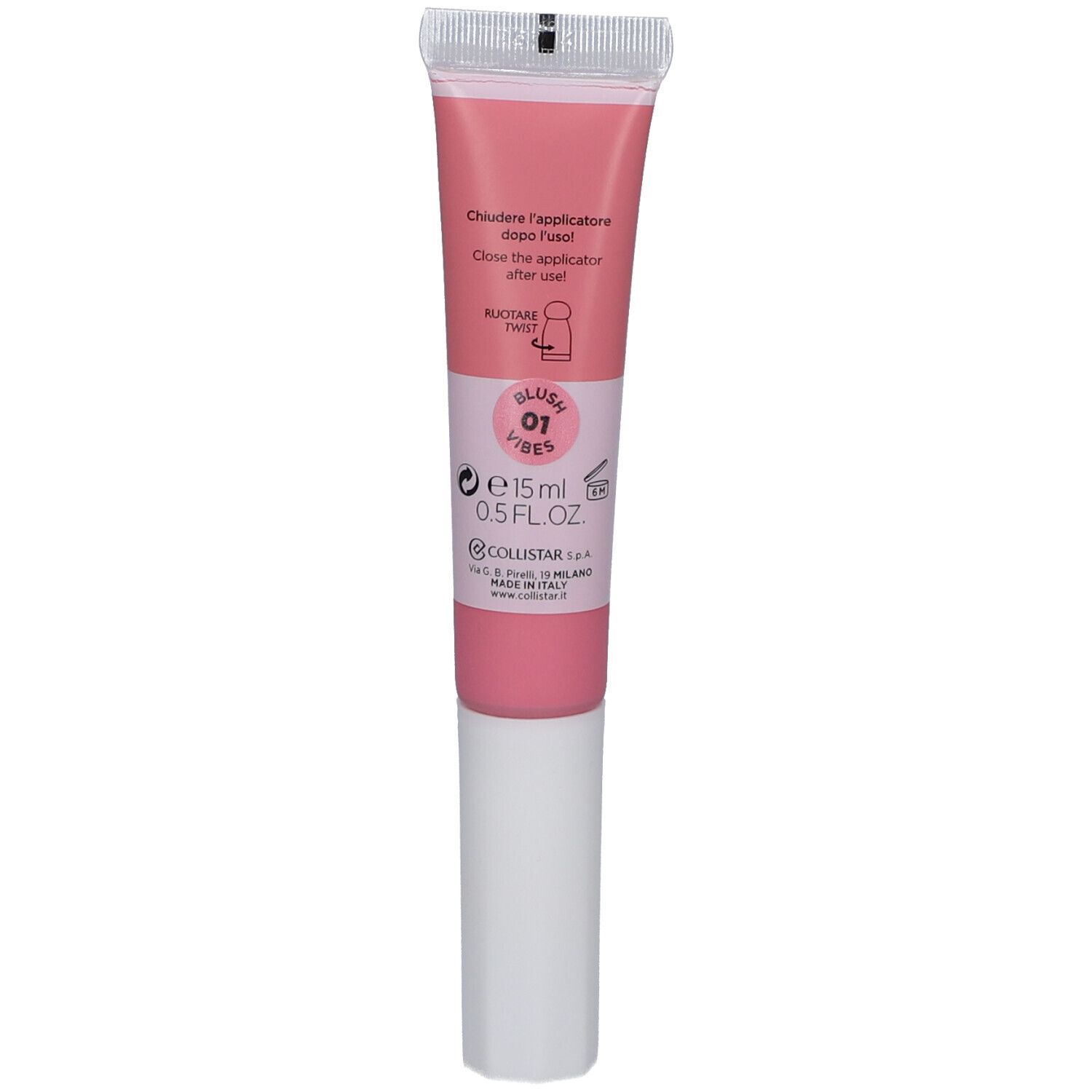 Rosa getönte Tube mit weißem Applikator. Text: Blush Vibes 01, 15ml, Collistar.
