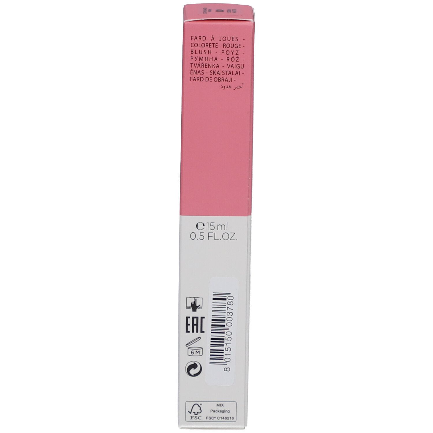 Rosa Verpackung. Text: Fard à joues, 15ml, Collistar.