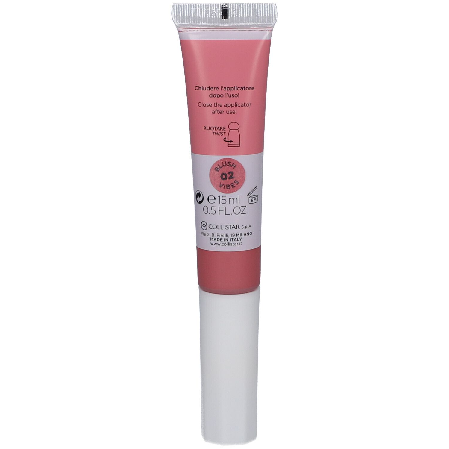 Tube rose avec applicateur. Contient 15 ml. Inscription : Blush Vibes 02. Marque : Collistar.
